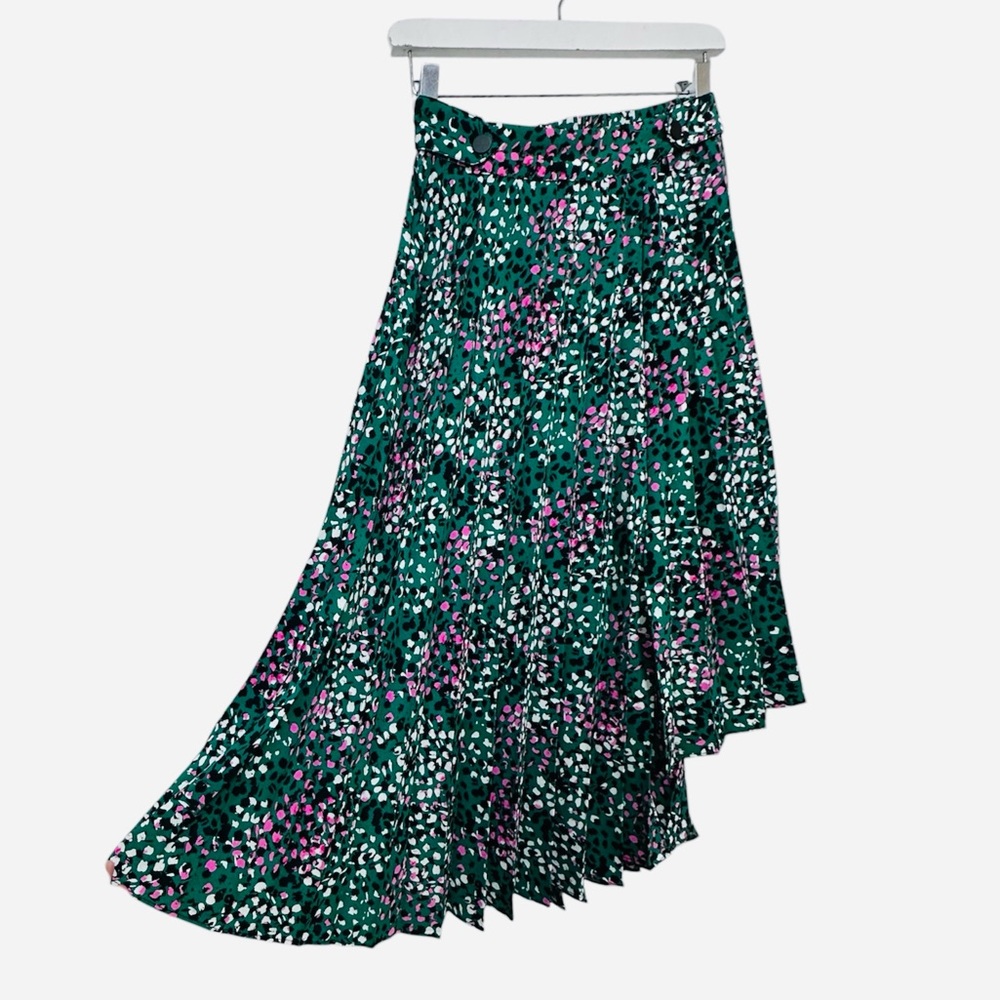 Topshop Green Pleated Asymmetrical Pattern Maxi Skirt Size 4